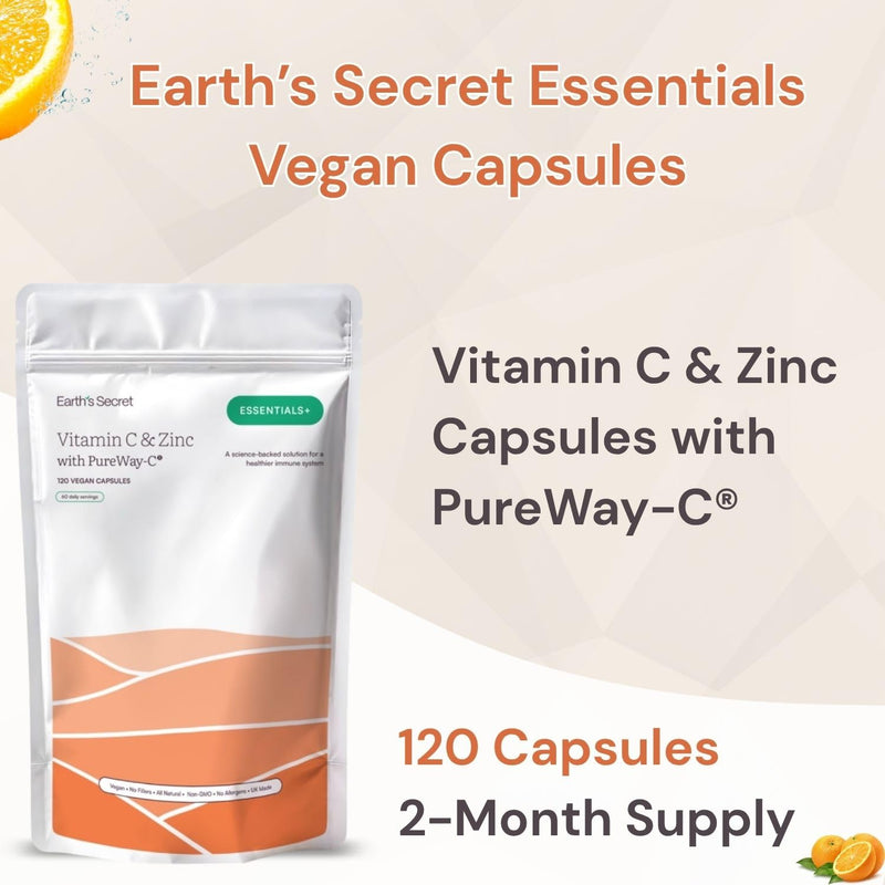 Earth’s Secret Essentials+ Vitamin C & Zinc Capsule with PureWay-C® and Zinc Bisglycinate – Vegan, Non-GMO, No Fillers, Clean Formula for Immune & Skin Support – 120 Vegan Capsules, 60 Daily Serving
