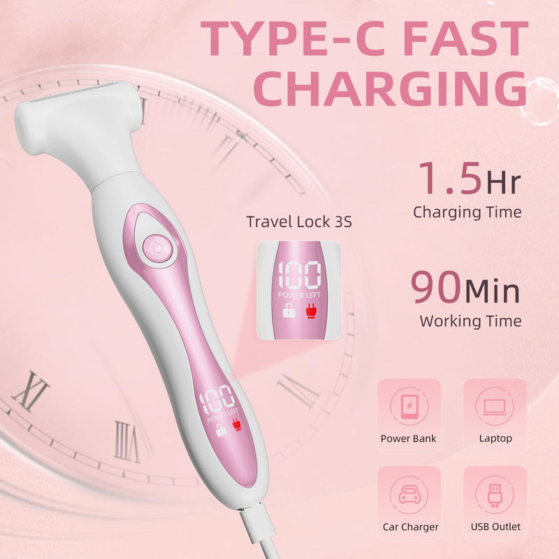 Upgraded Electric Razor for Women with LED Power Display, 4-in1 Bikini Trimmer & Facial Hair Remover, Painless Wet&Dry Shaver for Pubic Area, Armpits, Legs, Fast USB-C Charging, Gift for Women Pink