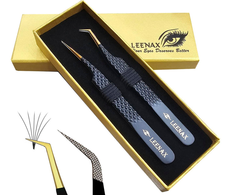 2 Pcs Stainless Steel Tweezers for Eyelash Extensions, Eyelash Extension Tweezers Set, Volume Tweezers, Lash Extension Precision Tweezers, Extension tweezers. (Black) Black