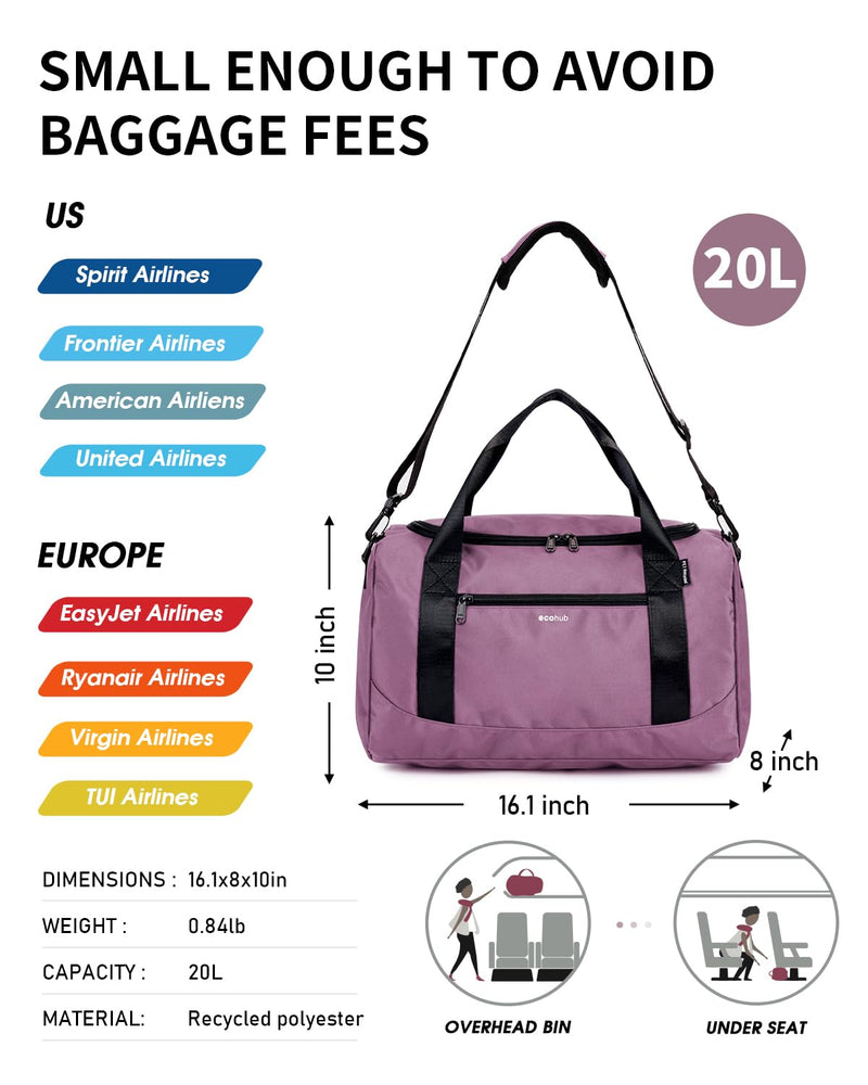 ECOHUB 16'' Personal Item Bag Mini Duffel Bag Small Travel Bag Underseat Carry on Bag for United Airlines Gym Bag for Women and Men Pink with shoulder strap