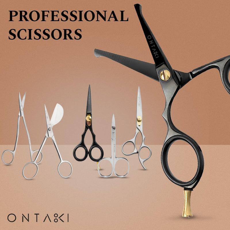Ontaki Mustache Scissors - 4.2" Black Japanese Steel - Beard & Nose Hair Trimming Scissors for Men - Rounded Tip Ergonomic Handles - Hand-Forged Mustache Grooming Kit Black 4.2"
