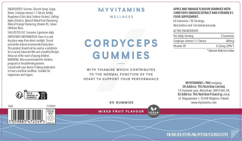 Myprotein Cordyceps Mushroom Gummies with 400mg Cordyceps Sinensis & Vitamin B1 for Energy, Endurance, Focus, and Heart Health in a Delicious Mixed Fruit Flavour - Vegan-Friendly 60 Chewable Gummies Cordyceps (Perform) - Mixed Fruit 60 count (Pack of 1)