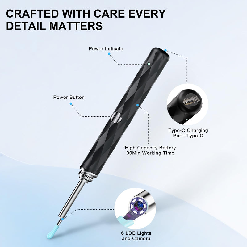 [Australia] - High-Definition Ear Wax Removal, Wireless Ear Cleaner, Safe and Gentle Ear Wax Removal Kit, Rechargeable Ear Cleaner with Camera and Light, Ear Cleaning Kit for Android and iOS (Black) Black 
