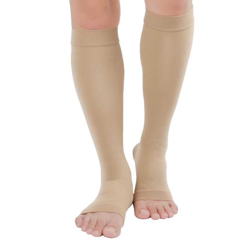 TOFLY® 30-40mmHg Medical Graduated Compression Socks for Men & Women, Open Toe Knee High Compression Socks,Firm Support for Circulation Recovery,Shin Splints,Varicose Veins,Edema,Nursing, Beige M Medium 30-40mmhg Open-toe Beige