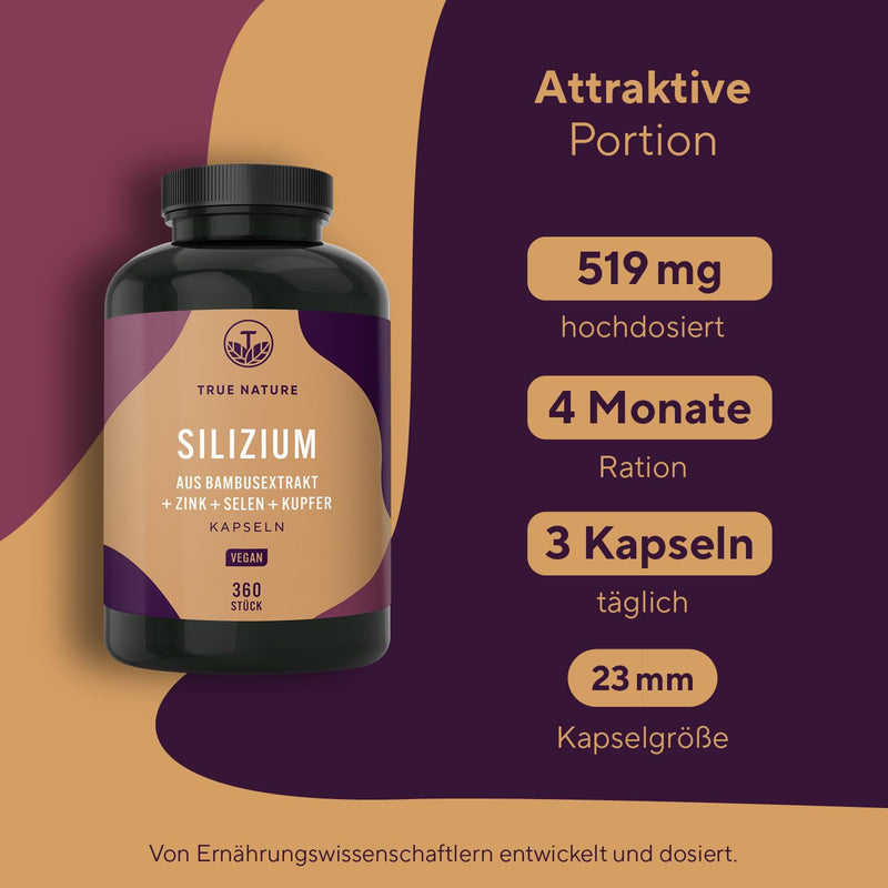 [Australia] - Silicon - 360 capsules for 4 months - Organic silicon 519mg per day - High dosage - Naturally derived from Indian bamboo extract - Hair vitamins - Zinc, selenium & copper - Vegan - TRUE NATURE silicon 