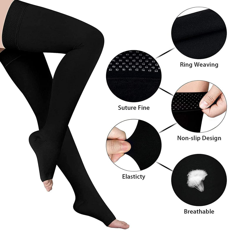 [Australia] - Thigh High 20-32 mmHg Compression Stocking Toeless Compression Socks for women & men circulation with Silicone Dot Band Black X-Large (1 Pair) 