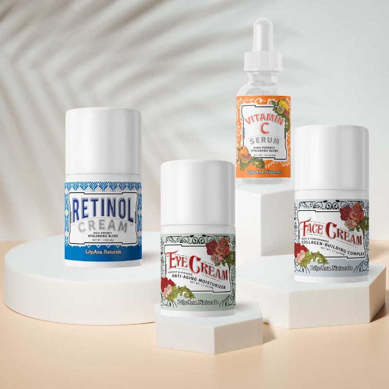 LilyAna Naturals Skincare Gift Set - Retinol Cream, Vitamin C Serum, Eye Cream and Face Cream Moisturizer - Anti Aging Skin Care Sets for Women | Includes Retinol Cream, Vitamin C Serum, Eye Cream and Face Moisturizer for women.