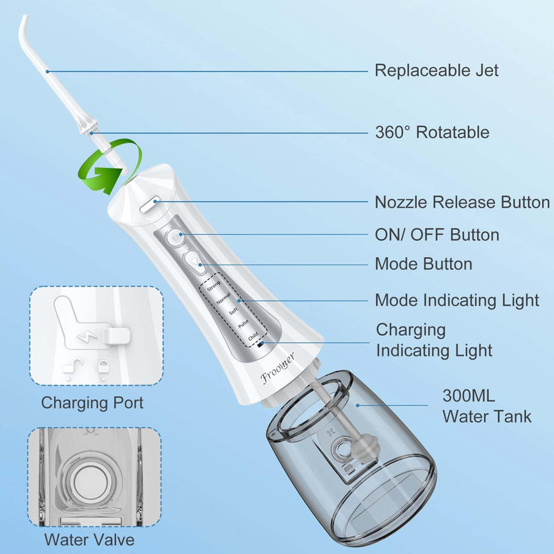 [Australia] - Water Flosser for Teeth Cordless, 300ML Powerful Water Teeth Cleaner Pick Rechargeable Oral Irrigator, 5 Modes Water Dental Flosser Teeth Pick for Teeth Cleaning,Home Use Travel Friendly (White) White 