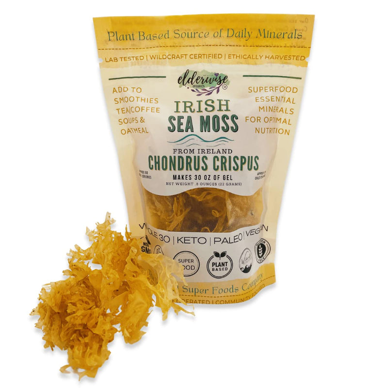 Irish Sea Moss, Wildcrafted, Organic Raw Chondrus Crispus, Makes 30oz Gel | Golden Irish Sea Moss From Ireland | Rinse and Soak Whole Leaf Sea Moss, Blend Gel for Smoothies, Drinks, Soups, or Sauces 1.23 Ounce (Pack of 1)