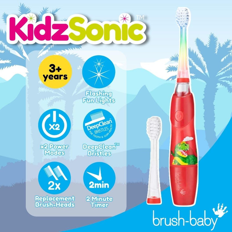 [Australia] - brush-baby KidzSonic Toddler and Kid Electric Toothbrush for Ages 3+ Years - Disco Lights, Gentle Vibration, and Smart Timer Provide a Fun Brushing Experience - 2 Brush Heads Included - Dinosaur 