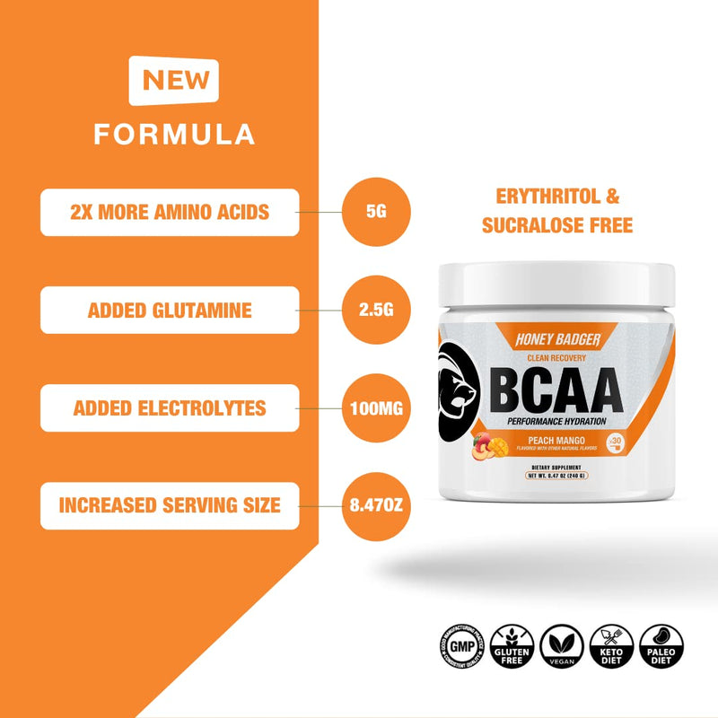 [Australia] - Honey Badger BCAA + EAA Amino Acids Electrolytes Powder, BCAAs + L-Glutamine, Keto, Vegan, Sugar Free for Men & Women, Hydration & Post Workout Muscle Recovery Drink Mix, Peach Mango, 30 Servings 