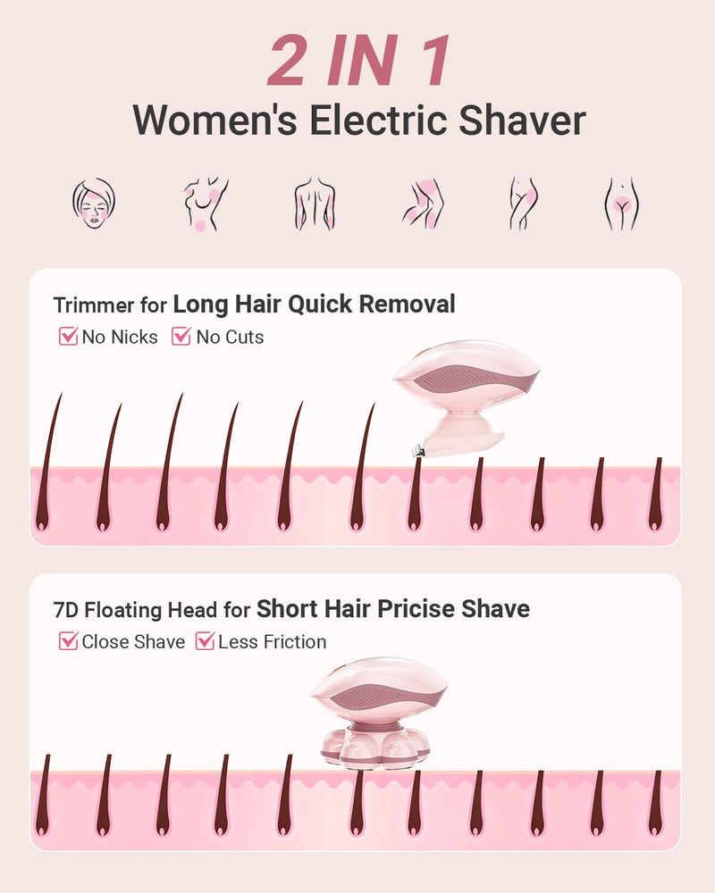 [Australia] - Electric Razors for Women: 2-in-1 Electric Shaver Trimmer for Ladies Flawless Legs & Full Body & Bikini - Waterproof Wet Dry Shaver w/LED Light & Travel Cap - Birthday Gifts for Wife Her 