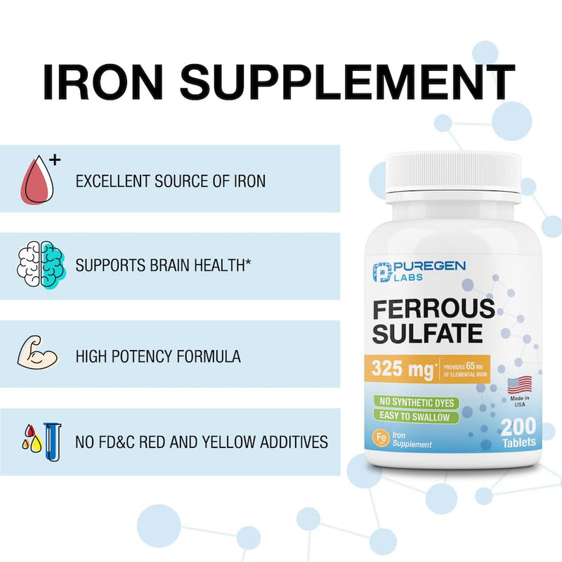 [Australia] - Puregen Labs Ferrous Sulfate 325 mg (65 mg Elemental Iron) High Potency Iron Supplement | No Artificial Color Additives - 200 Tablets Made in USA 1 