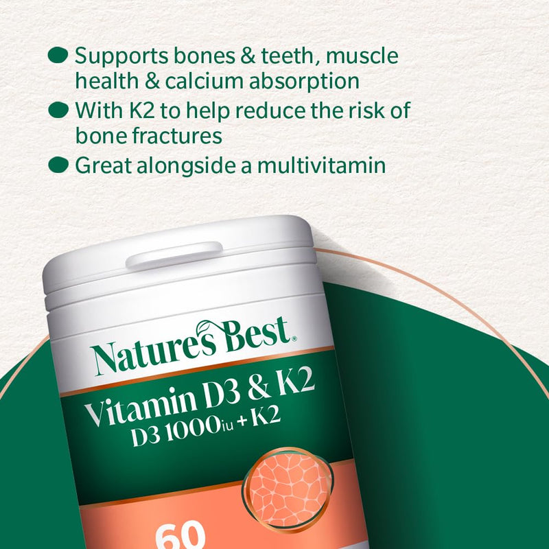 Nature's Best Bone & Immune Boost - High Strength Vitamin D3 1000iu & K2 90µg - Optimal Support for Bones, Teeth, and Immune Function - UK Made - 60 Capsules (2 Months' Supply)