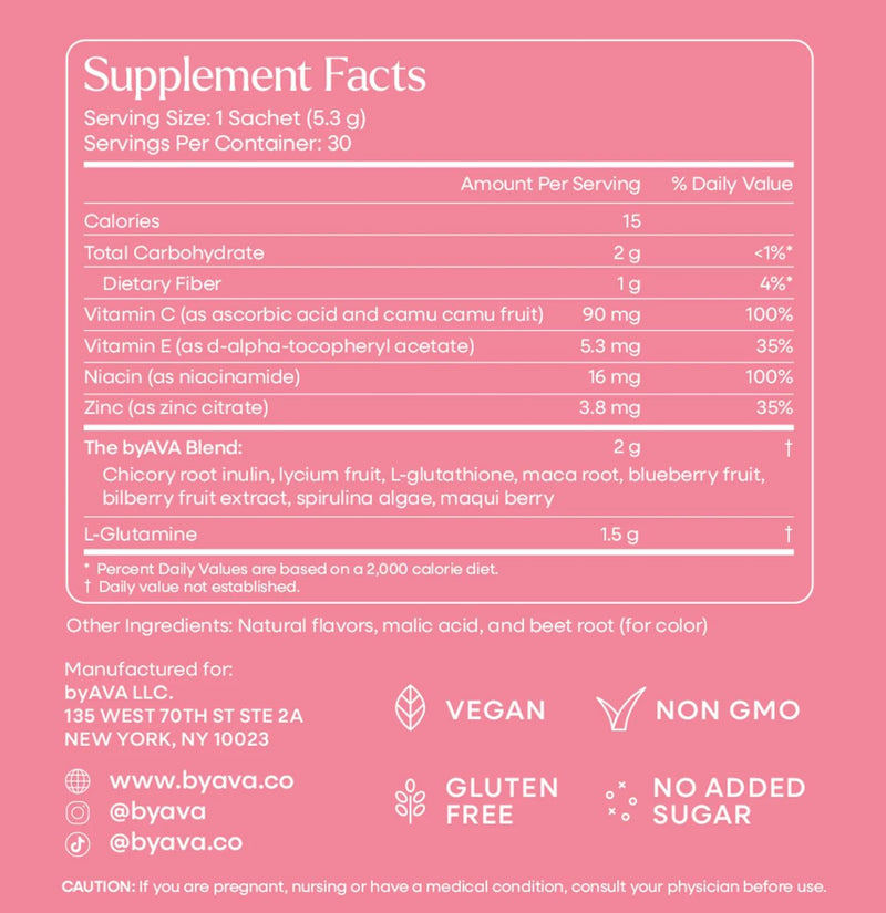 byAVA Skin and Gut Prebiotic Booster Powder, L-Glutamine 1500mg, 30ct | Camu Camu Vitamin C, Zinc + Niacinamide for glow; spirulina, goji & maqui berry superfoods; vegan, no added sugar