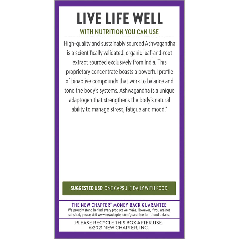 New Chapter Organic Ashwagandha Supplement, One Capsule a Day of Adaptogens for Stress Relief, Mood Support, & Energy, Vegan, 60 Count