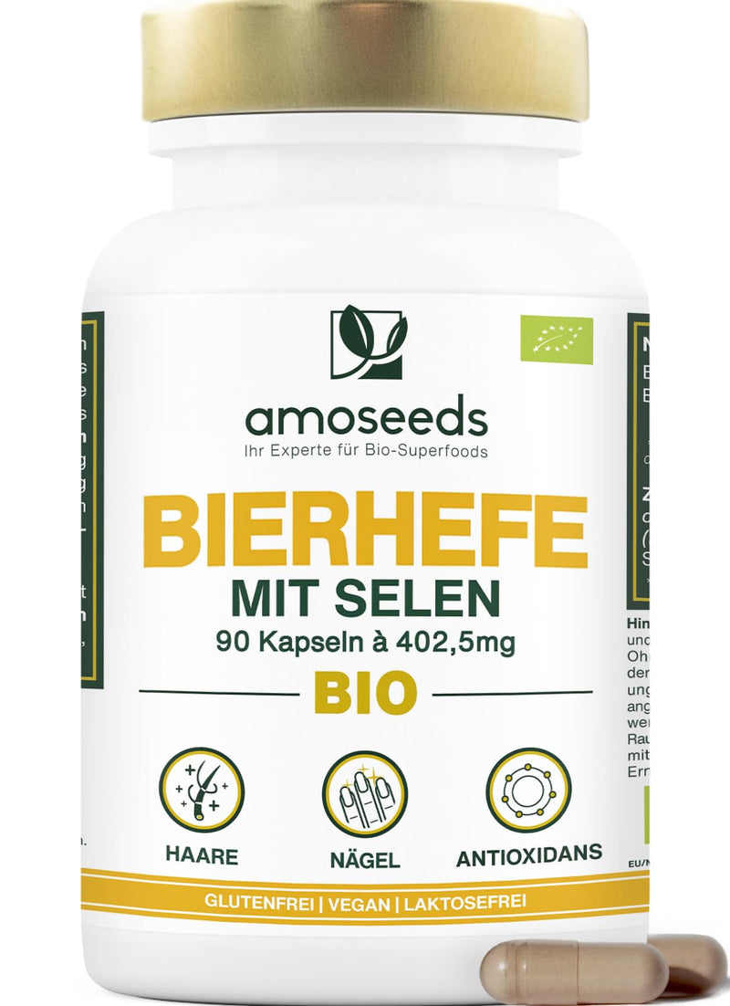 [Australia] - ORGANIC brewer's yeast | Hair and nails | Live yeast, 1200mg / day, gluten free | Enriched with Selenium | 90 vegan capsules | Top quality 