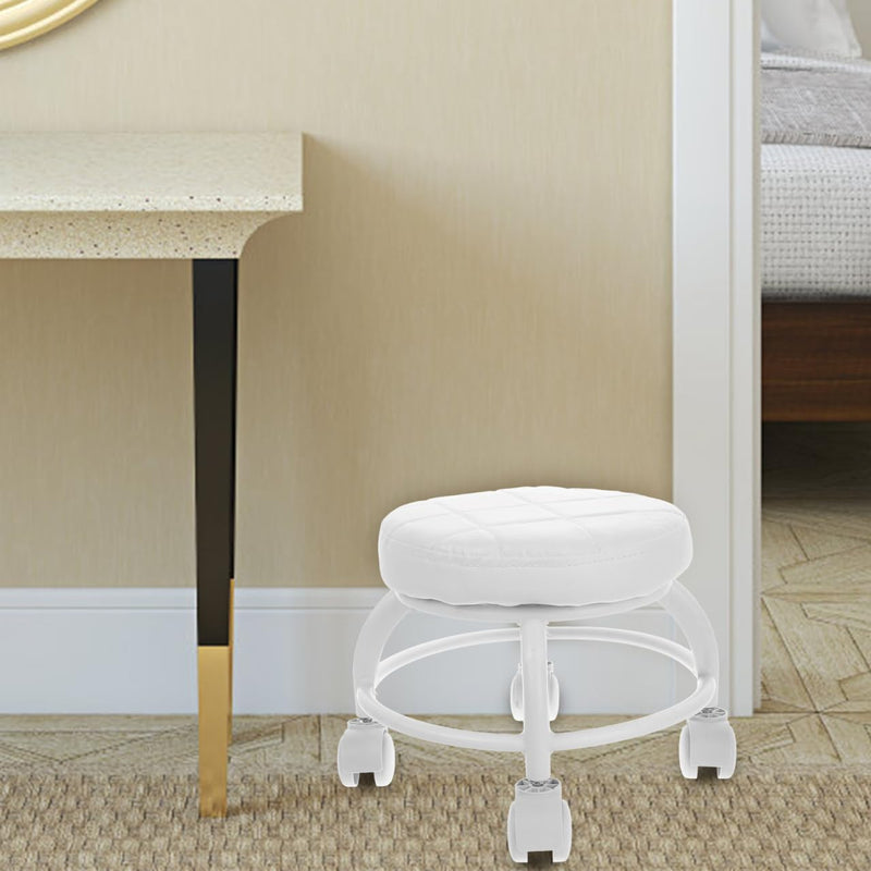 [Australia] - Low Rolling Stool with Wheels PU Leather Low Stool Modern Round Roller Seat for Manicure, Mechanic,Home Office White 