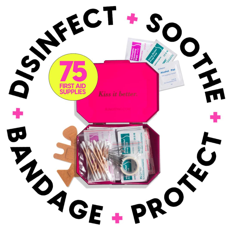 [Australia] - BLINGSTING First Aid Kit - 75 Essential First-aid Supplies, Bandages, Wipes, Gold Travel Case - Multipurpose Mini Emergency Kit for Women - Pink Interior - Compact & Versatile - TSA Approved (1 Count) 