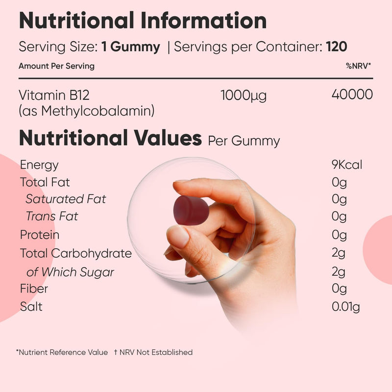 Vitamin B12 Gummies - 120 Gummies - 4 Months Supply - 1000mcg - Tasty, Natural Pomegranate Flavour - 1 per Day - Vegan & Gluten-Free - Methylcobalamin Form for Easy Absorption - B12 Vitamin Supplement