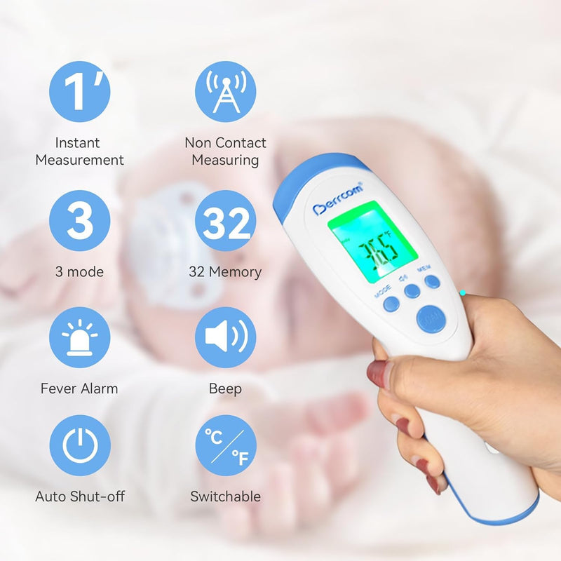 [Australia] - Berrcom Fever Thermometer Contactless Forehead Thermometer for Babies and Adults Infrared Digital Thermometer with Instant Reading, 3 Colors Fever Alarm, °C/°F Switch Fever Thermometer JXB-182 