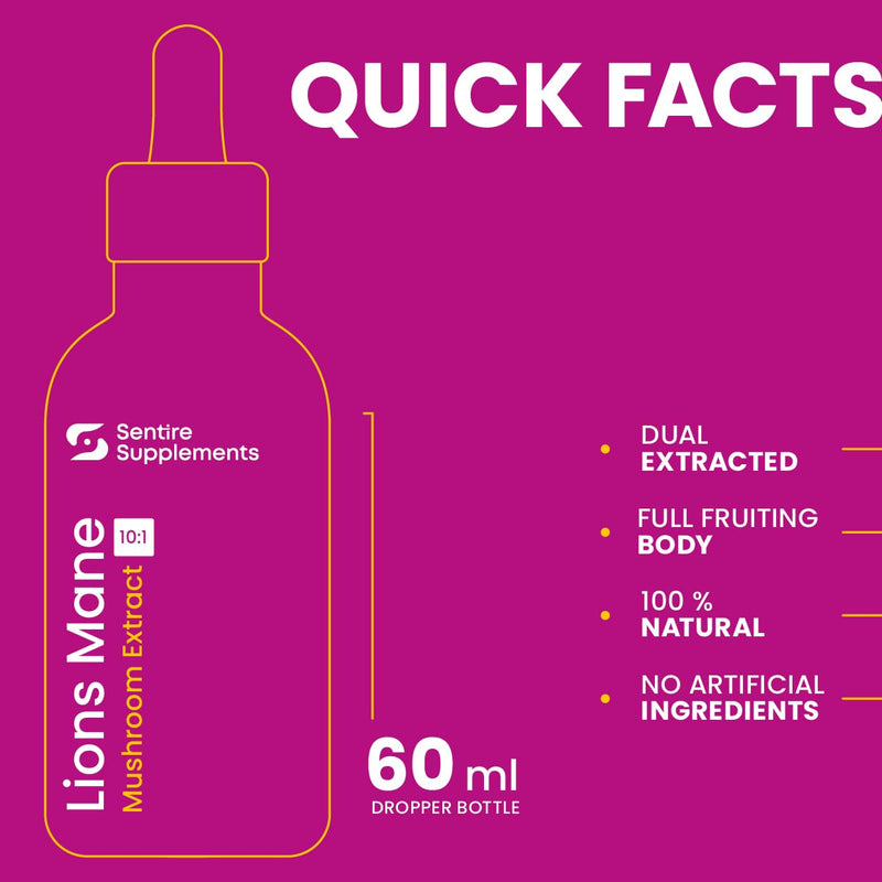 Sentire Lions Mane Mushroom Extract Liquid Supplement, 60ml - 10:1 Dual Extract Pure Fruiting Body - High Strength 1500mg Per Serving - Focus, Memory & Clarity Support Dropper