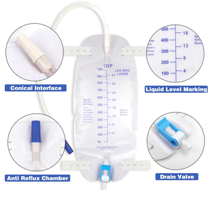 [Australia] - 3 Pack Catheter Bags, Premium Easy-Tap Leg Bag Urinary Drainage Bag, 32 Oz with 3 18” Tubing, Anti-Reflux Valve, with Cloth Straps to Attach to Your Foot, Advanced Flip Drain for EZ Disposal 