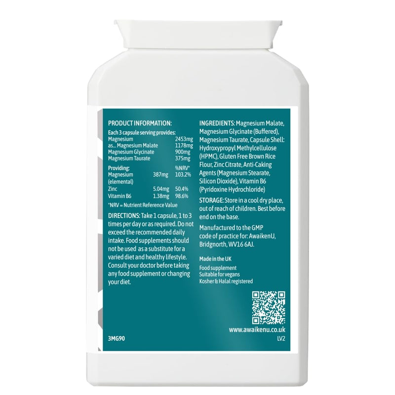 Magnesium Glycinate 5 in1 Complex -Magnesium Glycinate, Malate and Magnesium Taurate Plus Vitamin B6 & Zinc-High Strength, High Absorption, Easy to swallow-90 Vegan caps -UK Made