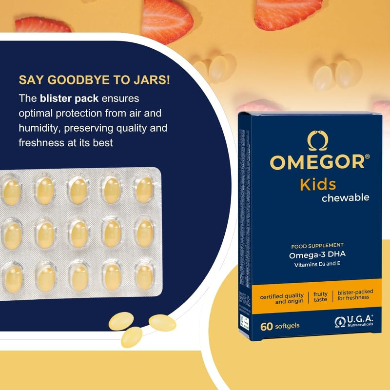Omega 3 Kids OMEGOR - Omega3, 125mg DHA, Vitamin D3 and E for 3+ Children - Food Supplement for Brain, Eyes and Bones - 60 Fruit Flavoured Chewable Capsules
