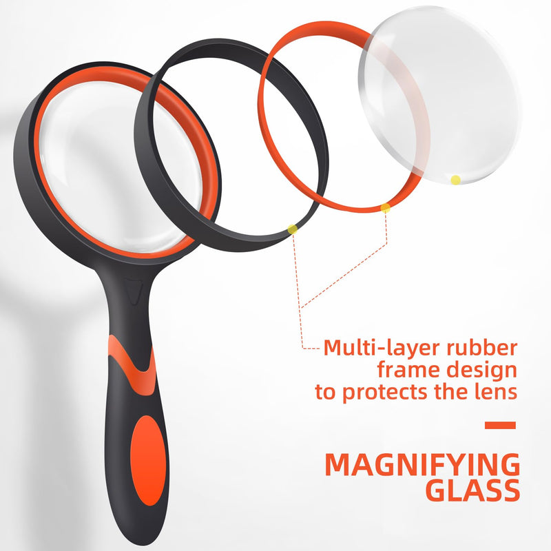 2 Pack 75mm 10X Handheld Magnifying Glass,Rubber Reading Magnifier for Kids Seniors, Suitable for Hobbies and Science Green&orange