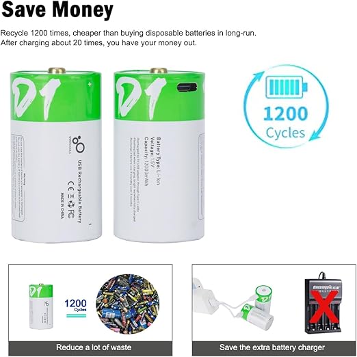 [Australia] - Rechargeable Lithium D Batteries with 4 in 1 USB-C Charging Cable,1.5V D Size Cell Battery 5600mWh for Flashlight Toys & floodlight (4 Pack) D 4 Pack 