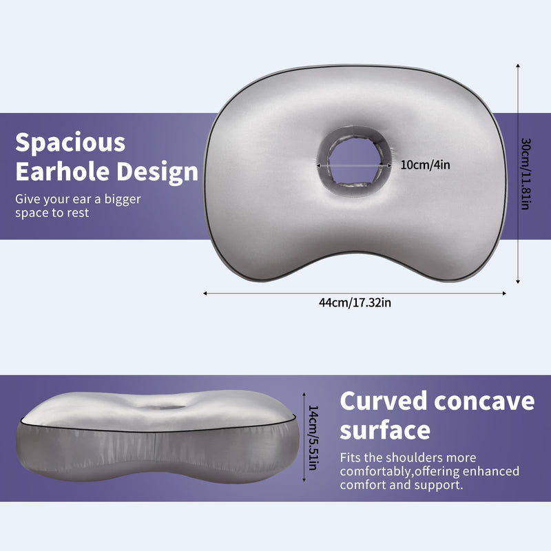 [Australia] - Orthopedic Ear Piercing Pillow for Side Sleepers, Pain Relief Design with Removable Cover and Ear Hole, 12x19 Inch Pierced Ears Support Pillow With Silver Gray Artificial Silk Pillowcase 