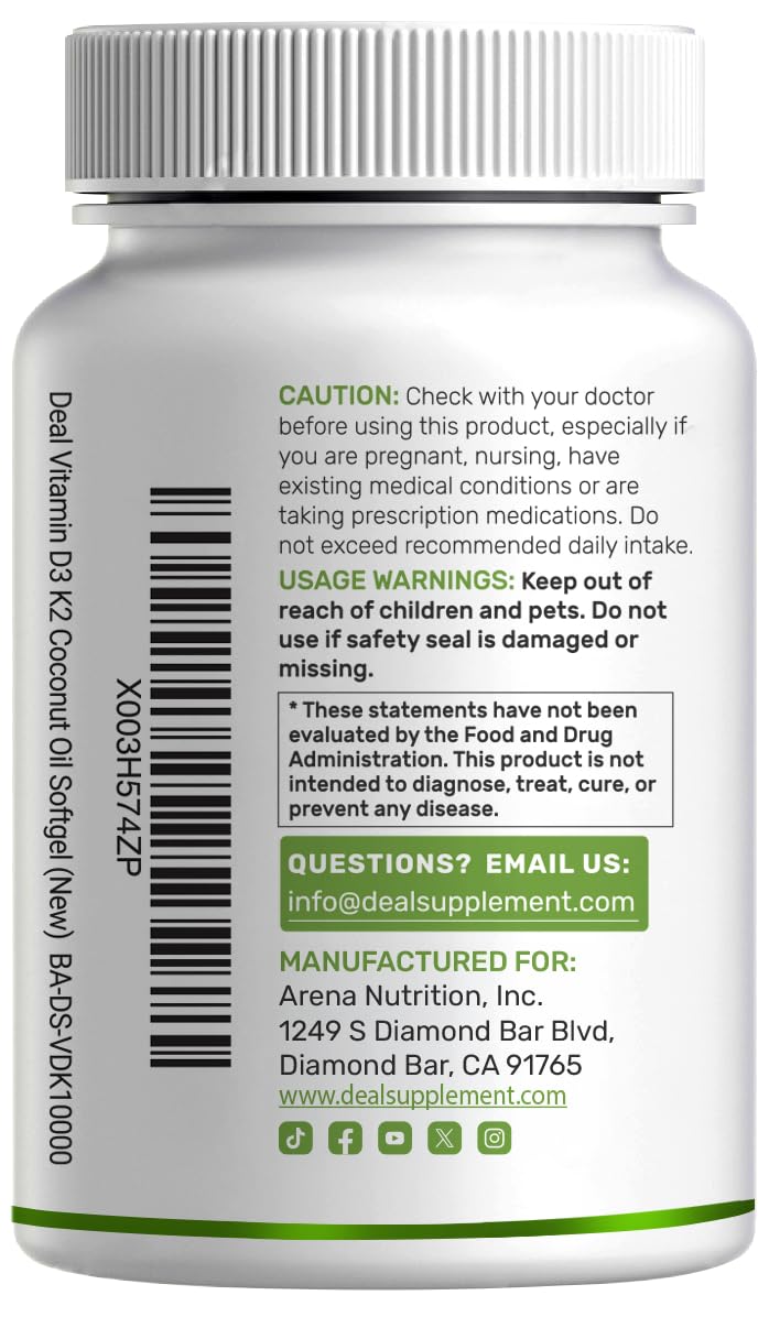 DEAL SUPPLEMENT Vitamin D3 10,000 IU + K2 MK7 200mcg Softgels, 250 Count | 2-in-1 Complex with Virgin Coconut Oil | Easy to Swallow