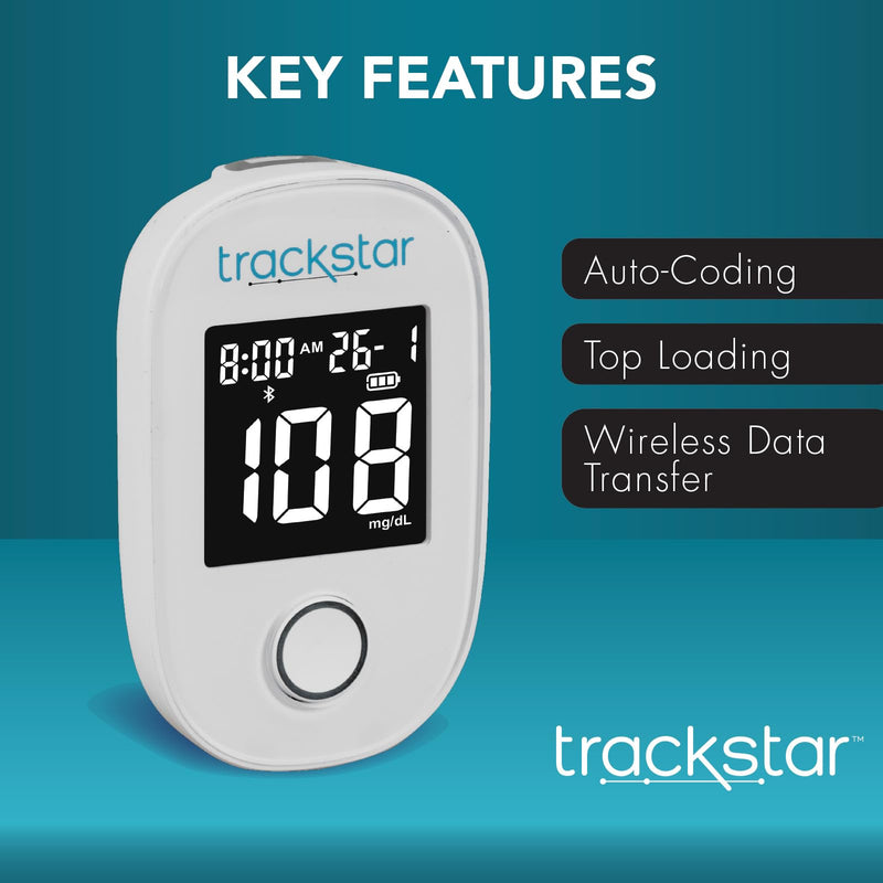 Trackstar Blood Glucose Kit | Monitor, Strips, Lancets, Lancing Device | Trackstar Monitoring App | Bluetooth iOS & Android Compatible | Measure, Track, and Share Results