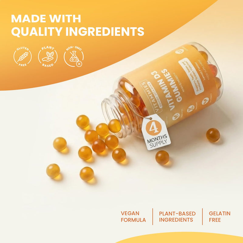 Vitammies Vegan Vitamin D3 Gummies 4000 IU | High Strength Vitamin D Chewable Gummy | 4 Month Supply | Vegetarian | Gluten-Free | Non-GMO | 120 Count | Lemon Flavour | Vitamin D Gummies for Adults Vitamin D3 Gummies 4000IU