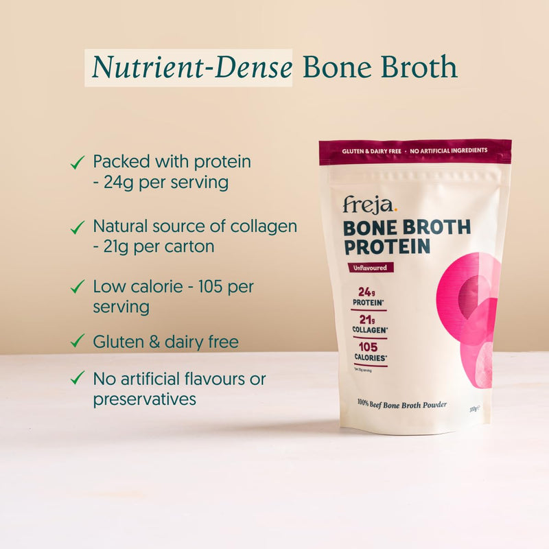 Freja Bone Broth Powder | 100% Natural Collagen & Protein Powder | Pure Beef, Grass-Fed | Amino Acids & Minerals | Nutrition for Healthy Gut, Skin, Hair & Nails | 300g (15 Servings)