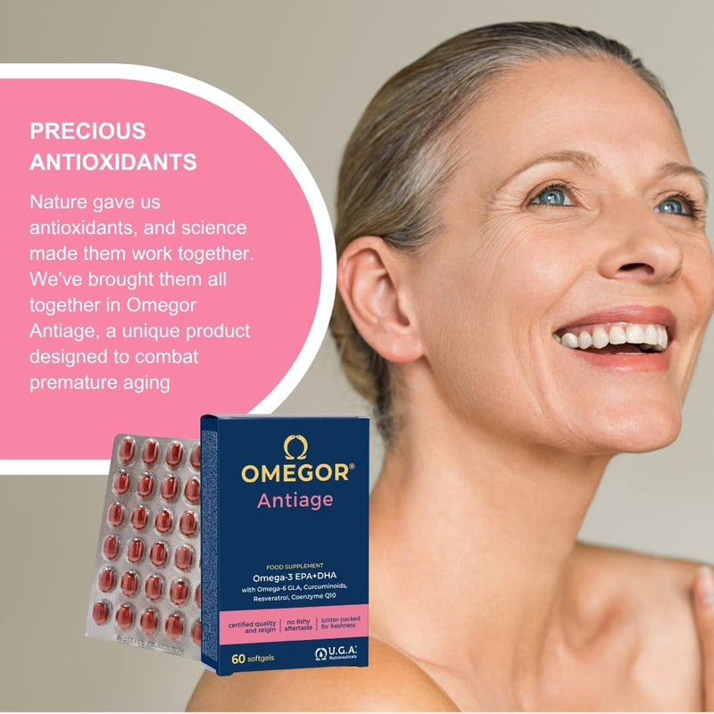 OMEGOR Antiage Skin Supplement with Omega 3 EPA/DHA and Omega 6 GLA, Resveratrol, Turmeric, Alpha Lipoic Acid, Coenzyme Q10, Tocotrienols, 60 Capsules