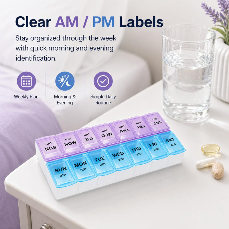 4 Packs Extra Large 7 Day Pill Organizer AM PM, Weekly Pill Box Twice a Day, Daily Medication Dispenser and Pill Case for Vitamins, Fish Oil, Supplements (Purple/Blue) Blue & Purple 4