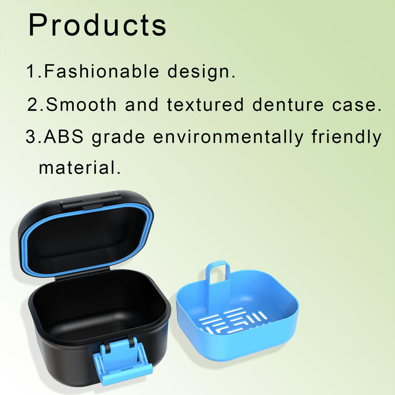 BVN Leak-proof Denture Case, Denture Cup for Soaking Dentures, Retainer Cleaning Case Black and Bule Dent Black Case and Bule