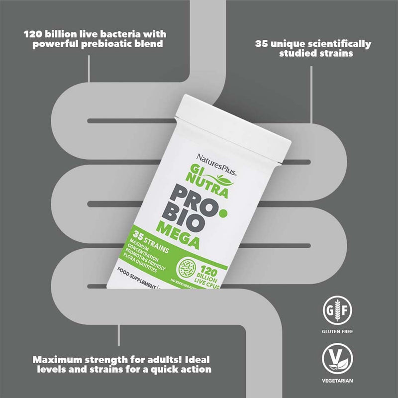 NaturesPlus GI NUTRA Pro Bio Mega - 120 Billion Probiotics for Women and Men - 35 Science Backed Live Bacteria and Prebiotic Fibre - Vegan, Gluten Free - 30 Capsules