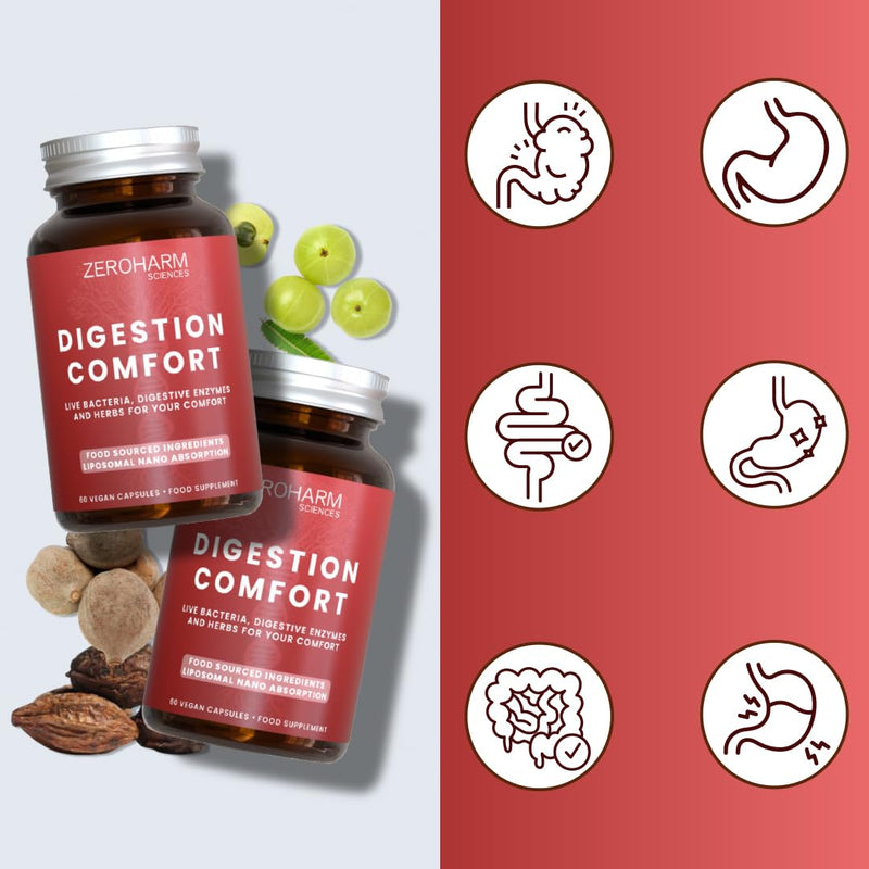 ZeroHarm Digestion Comfort – Probiotic & Prebiotic Blend with Enzymes, Amla & Inulin – Gut, Bloating & Digestive Support – Powered by Real Food Ingredients – 60 Vegan Capsules
