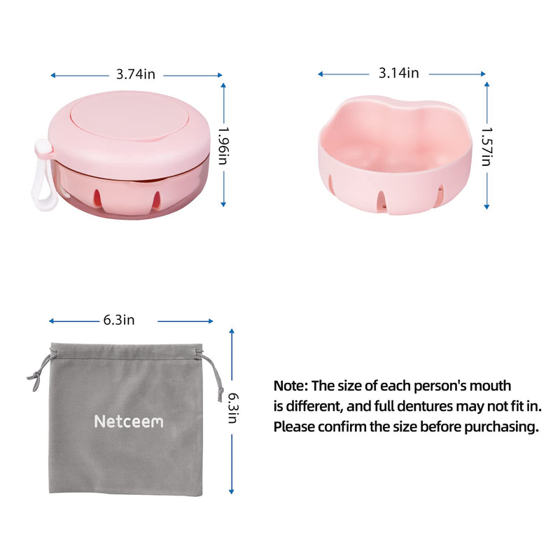 Leak Proof Denture Cup Kit Portable Retainer Case Perfect for Travel, Denture Case Container Cleaning Care for Dentures Aligner Mouth Guard with Denture Brush,Strainer, Removal Tool and Mirror Pink