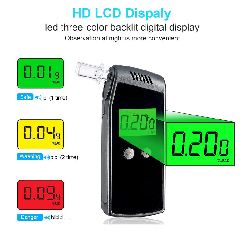Breathalyzer, Home Alcohol Tester with LCD Digital Display,Portable Breathalyzer for Personal & Party Use with 10 Replaceable Mouthpieces（Black)