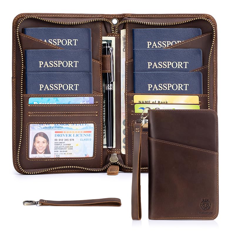 Passport Holder for Travel Family with Strap Genuine Leather RFID Blocking Travel Document Organizer Wallet with Pen Holder, Brown Large