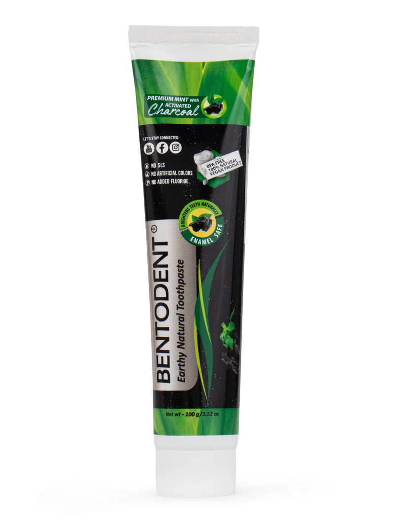 BENTODENT Teeth Whitening Bentonite Clay & Activated Organic Charcoal Toothpaste & Scraper - Detox,Tea Tree, Fluoride Free Adult, Vegan, Travel 3.52 oz