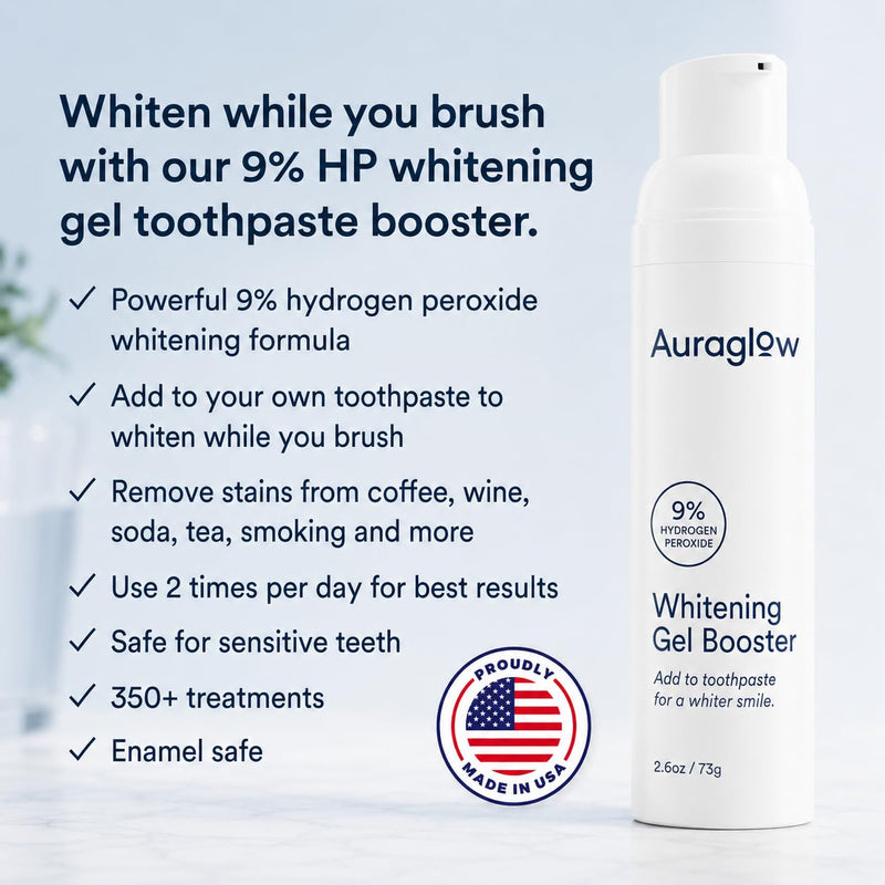 Auraglow Teeth Whitening Gel for Toothpaste, 9% Hydrogen Peroxide, Add to Toothpaste to Whiten, 350+ Whitening Treatments, Removes Coffee Wine Tea Stains, No Trays or Strips, Made in USA, 2.6oz Mint