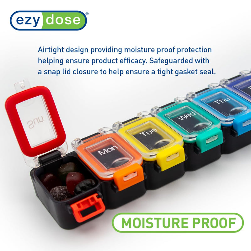 Ezy Dose Weekly (7-Day) Pill Organizer, Medicine Planner, Rainbow/Black | Daily Vitamin & Supplement Case, Waterproof Locking Compartments to Secure Prescription Medication, Travel-Friendly, BPA-Free