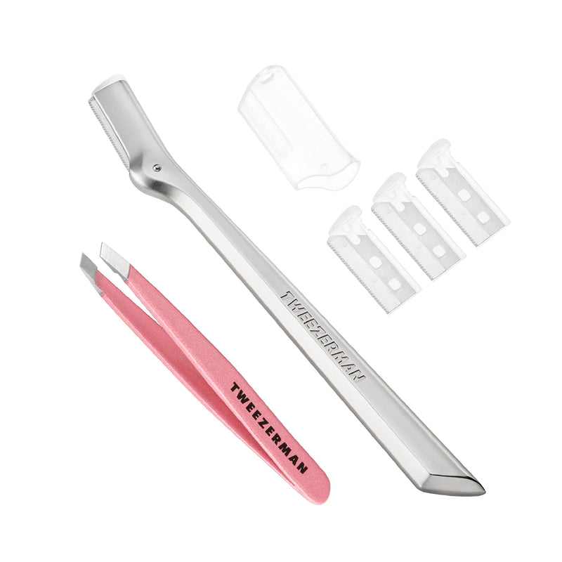 Tweezerman Exclusive Eyebrow Razor & Tea Rose Mini Slant Tweezer Stainless Steel & Tea Rose