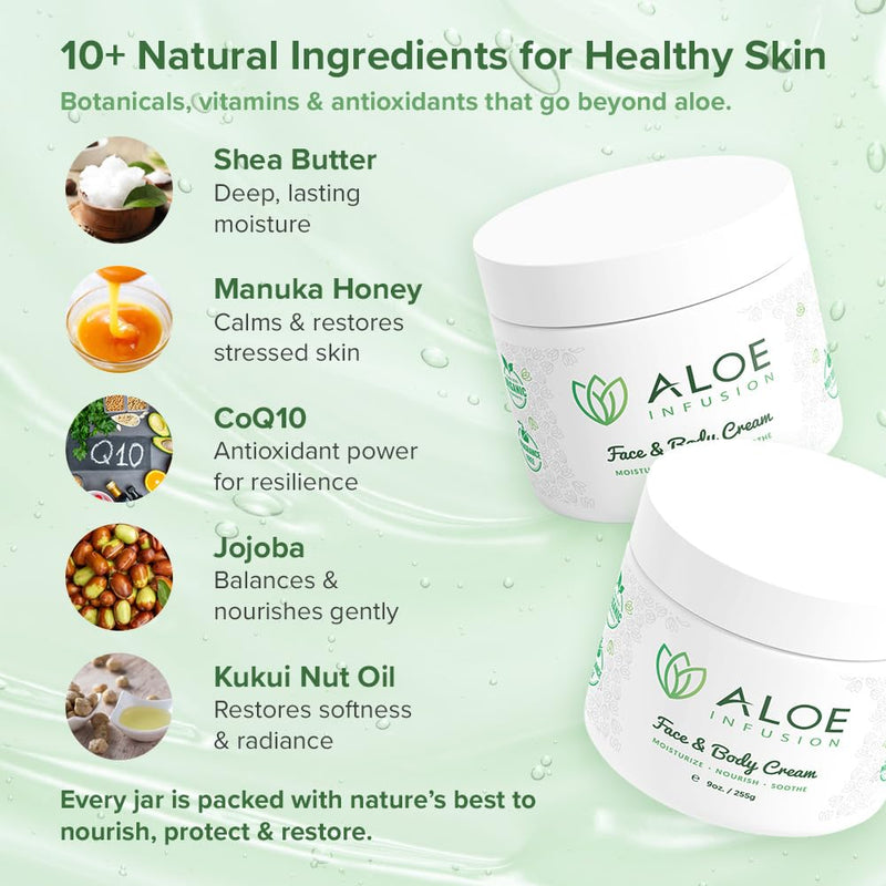 Aloe Infusion Aloe Vera Face & Body Cream – 9 Ounce | Natural Moisturizer for Dry & Sensitive Skin – Hydrating, Non-Greasy Lotion - Shea Butter & Manuka Honey – After-Sun Care 9 Ounce (Pack of 1)