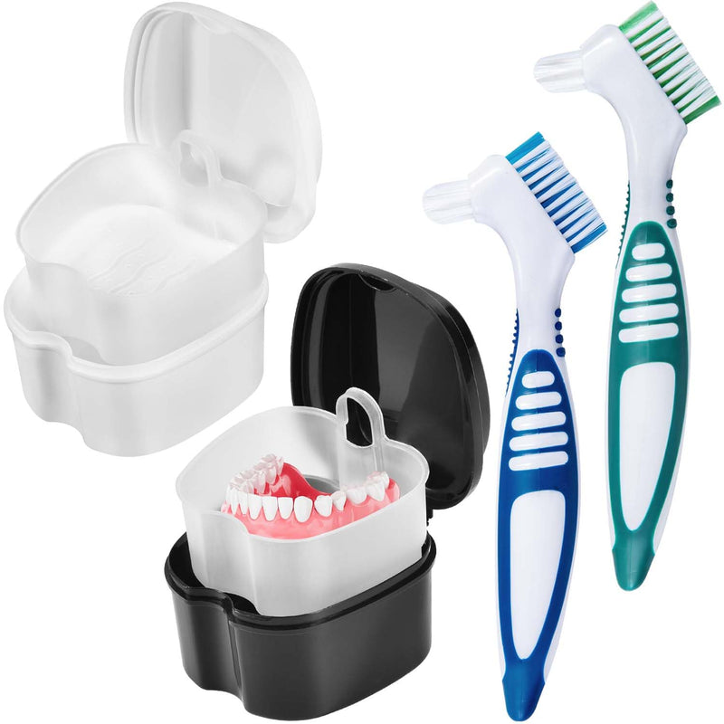 2 Pack Denture Bath Case Cup Box Holder Storage Container with Denture Cleaner Brush Strainer Basket for Travel Cleaning (White and Black) White and Black